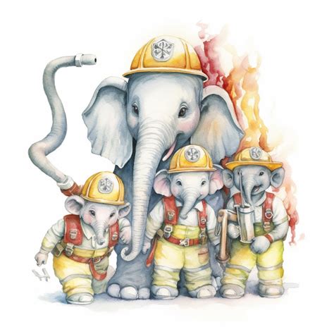 Premium Photo | Elephants wearing firemen uniforms and helmets standing in front of a fire ...