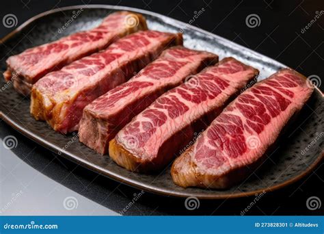 Platter Of Wagyu Steaks Perfectly Cooked To Medium Rare Stock