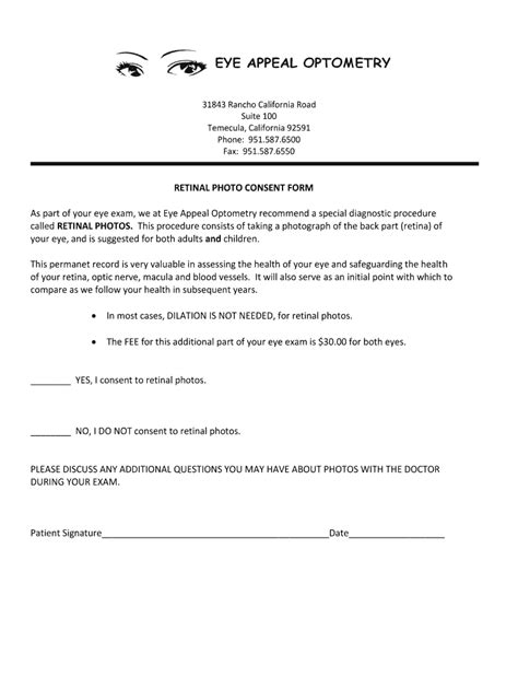 Fillable Online RETINAL PHOTO CONSENT FORM And Eye Appeal Optometry