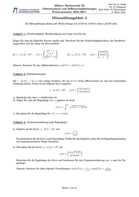 Hoersaaluebung 3 Höhere Mathematik III Vektoranalysis und Di