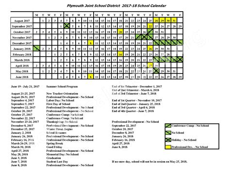 2017 - 2018 School Calendar | Plymouth Joint School District – Plymouth, WI