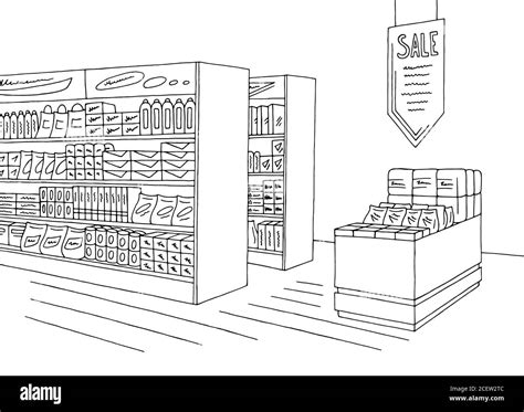 Grocery Store Shop Interior Black White Graphic Sketch Illustration