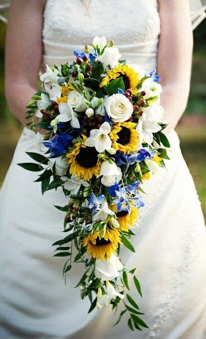 Beautiful Cascading Wedding Bouquet White Roses White Freesia Yellow Sunflowers Red