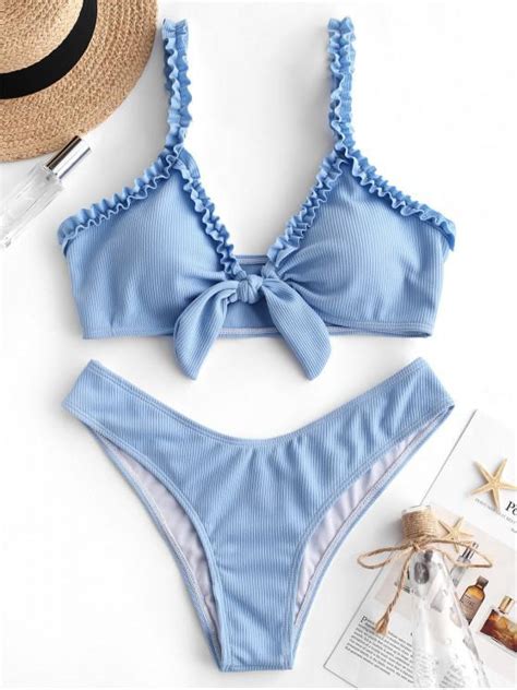 [67 Off] 2021 Zaful Ribbed Lettuce Strap Tied Bikini Set In Day Sky