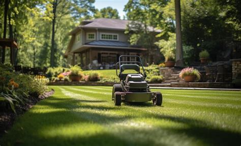 Premium Photo | A lawn mower on a lush green lawn surrounded by flowers ...