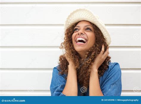 Portrait Of A Happy Female Fashion Model Laughing Stock Photo Image