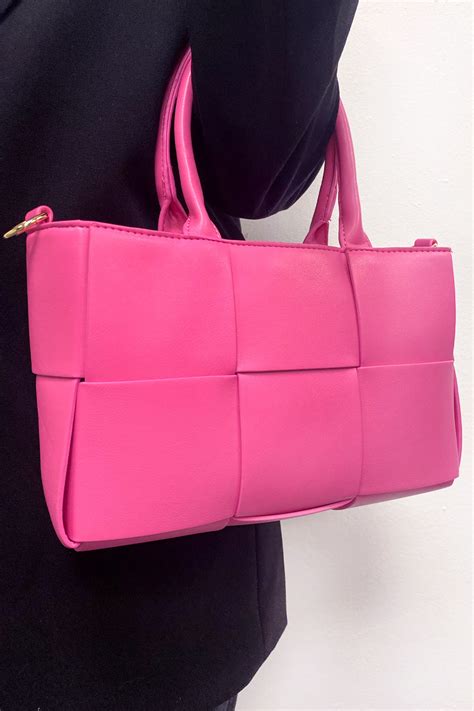 Bright Pink Faux Leather Woven Tote Bag Dressed In Lucy