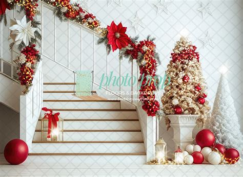 Surreal Grand Red And Gold Christmas Staircase Photography Backdrop