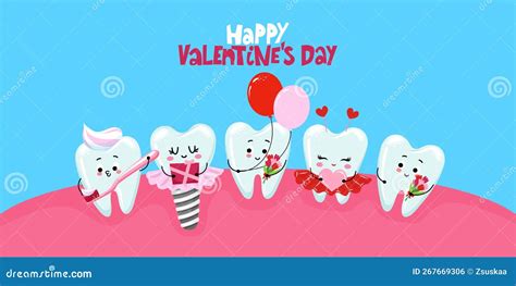 Happy Valentine S Day Tooth Characters In Kawaii Style Stock