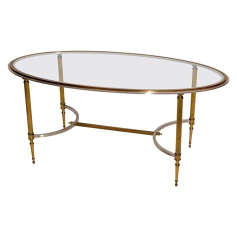 French Maison Jansen Oval Glass Brass And Steel Coffee Table