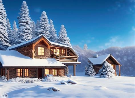 Premium AI Image | Cozy Winter Cabin Snowy Beauty under Blue Skies