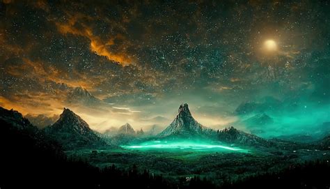 Premium Photo | Mountain night landscape with mystical green light ...