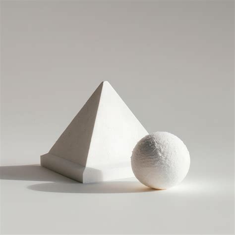 A White Pyramid And Ball Of Styropor On A White Background With Shadows