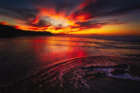 Red Sunset Of Sopelana Beach Stock Photo Image Of Reflection Light