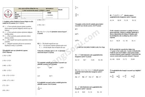 7 Sınıf Matematik 1 Dönem 1 Yazılı Soruları 2022 2023 Hangisoru