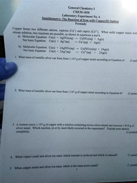 SOLVED General Chemistry CHEM 1030 Laboratory Experiment No