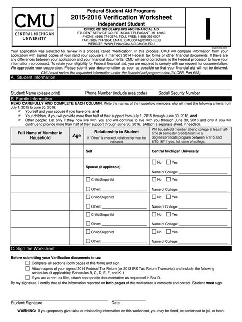 Fillable Online Cmich Verification Worksheet Independent 16 Page 1