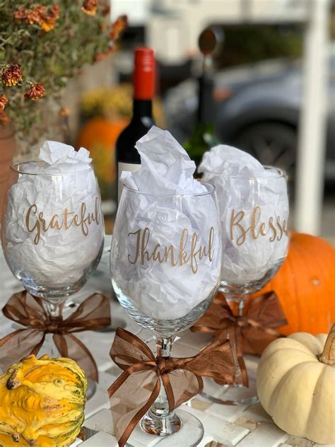 Thanksgiving Table Wine Glasses Grateful Wine Glass Blessed | Etsy