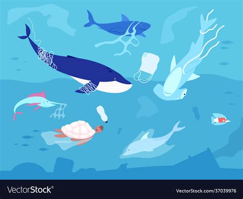 Ocean Plastic Pollution Sea Plastics Animal Vector Image