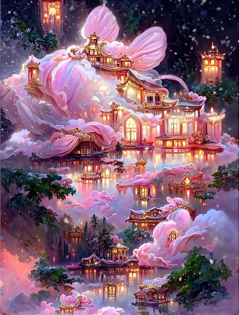 Qenspe D Diamond Painting Kits Fantasy Castle Diamond Art Kits Pink