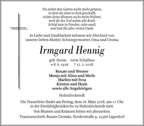 Traueranzeigen Von Irmgard Hennig Sh Z Trauer