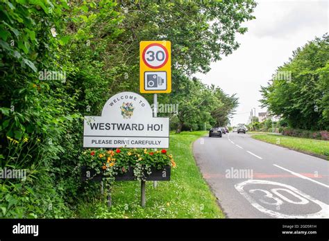 WESTWARD HO!, DEVON, ENGLAND - 21 June 2021: Westward Ho! boundary sign ...