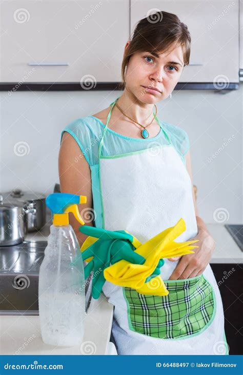 Woman In Rubber Gloves At Kitchen Stock Image Image Of Apron