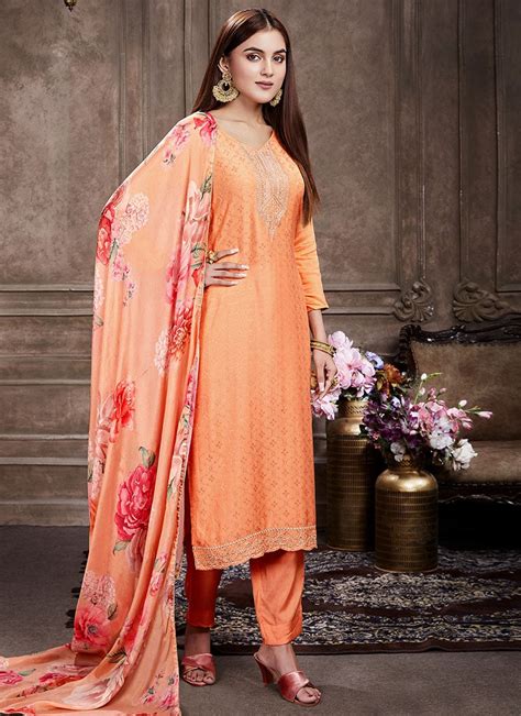 Shop Peach Muslin Embroidered Straight Pant Suit Work Wear Online At