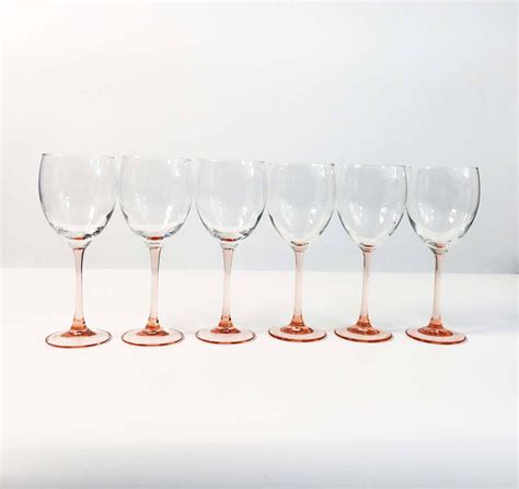 Vintage Set Of 6 Luminarc Wine Glasses W Pink Stems 6 Pink Blush Stemmed Glassware Clear