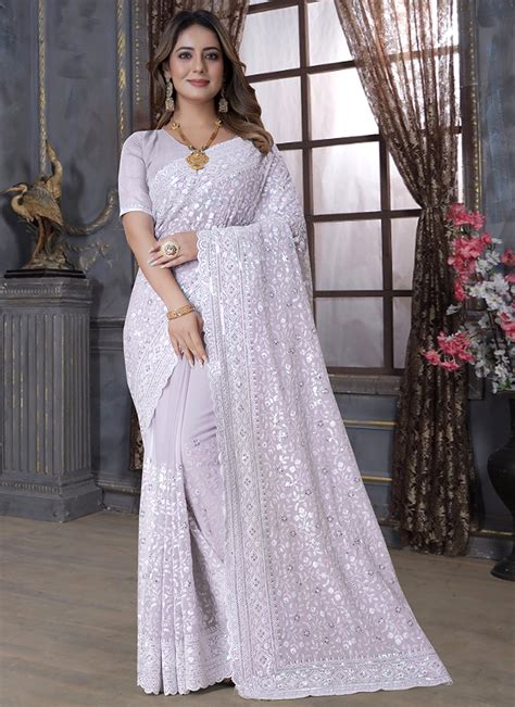 Buy Lavender Georgette Wedding Wear Resham Work Saree Online From