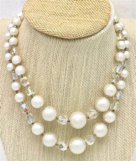 Vintage 1960s 2 Strand White Clear Bead Necklace Etsy Beaded