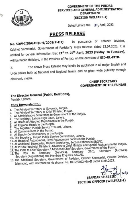 Punjab Announces Eid Ul Fitr 2023 Holidays Incpak