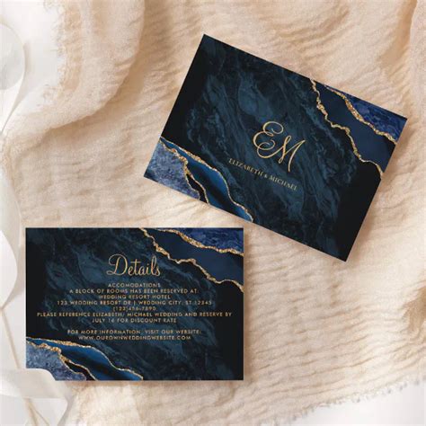 Navy Blue Gold Agate Marble Wedding Details Enclosure Card Zazzle