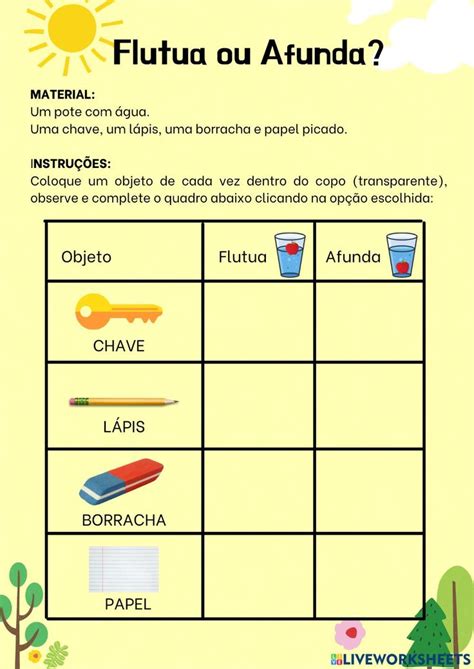 Flutuar Ou Afundar - Flutua ou afunda worksheet in 2022 | School subjects, Workbook, Teachers