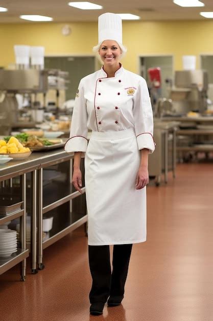 Premium Photo A Woman In A Chefs Uniform Stands In A Kitchen With A