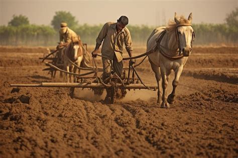 Um Homem Arando Um Campo Um Cavalo E Um Arado Foto Premium