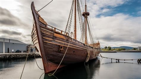 Premium AI Image | Full scale viking ship docked at harbor with sails