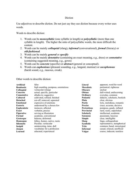 Words to describe diction