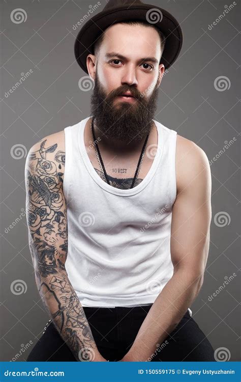 Brutal Hipster Bearded Man Sit At Bar Counter High Calorie Food Cheat