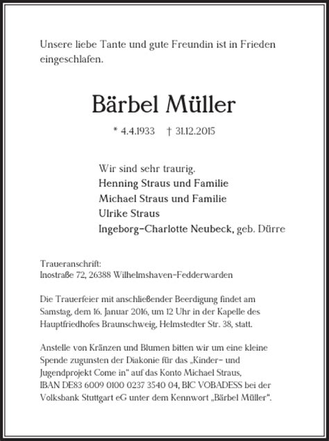 Traueranzeigen von Bärbel Müller trauer38 de