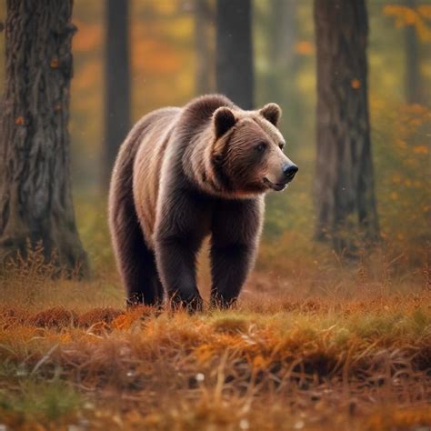 A Brown Bear Stands In A Forest With Trees In The Background Premium