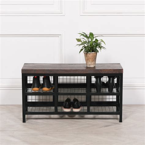 Black Metal Storage Bench with Wooden Top - Maison Reproductions