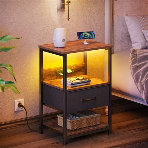 Seventable Nightstand With Charging Station LED Bedside Table With