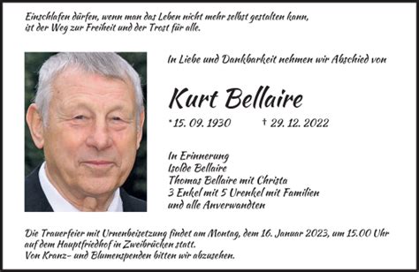 Traueranzeigen Von Kurt Bellaire Saarbruecker Zeitung Trauer De