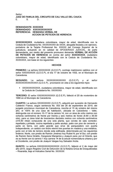 Contestacion De Demanda De Peticion De Herencia Docx Document Porn