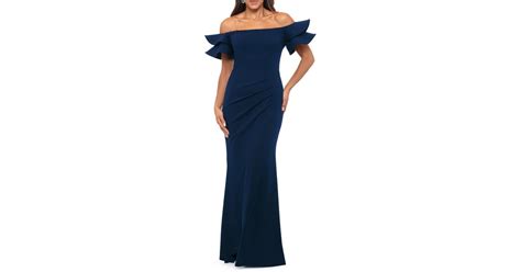 Xscape Ruffle Sleeve Off The Shoulder Scuba Crepe Sheath Gown In Blue