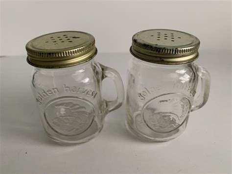 Vintage Glass Golden Harvest Mason Jar Handled Salt Pepper Shakers