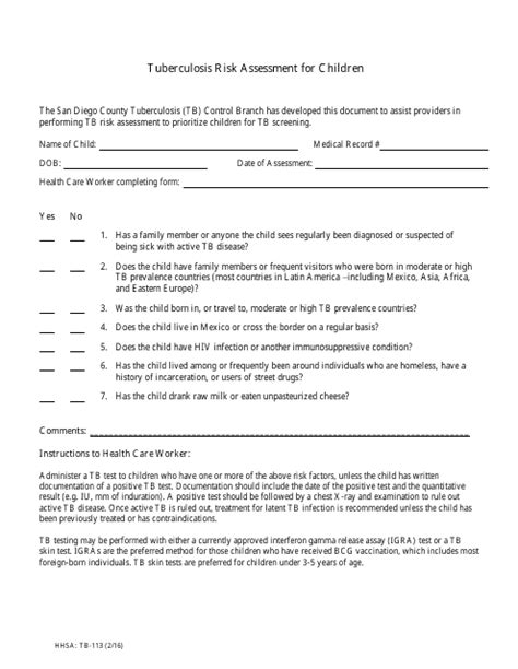 Printable Tb Questionnaire