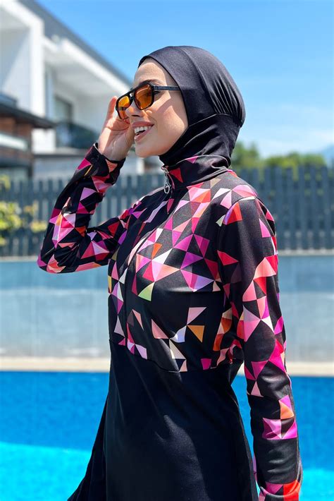 Pink Geometric Patterned Burkini Burkini Remsa