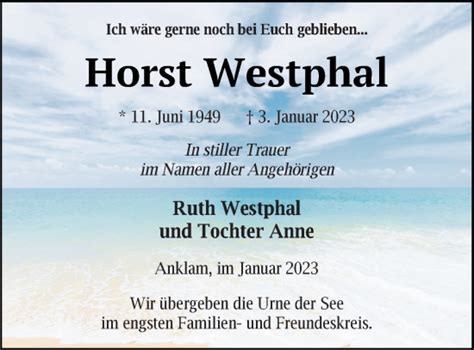 Traueranzeigen Von Horst Westphal Trauer Nordkurier